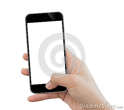 closeup hand use phone mobile on white Stock Photo