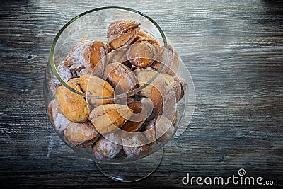 closeup handmade baked nuts with boiled condensed milk in glass jar Stock Photo