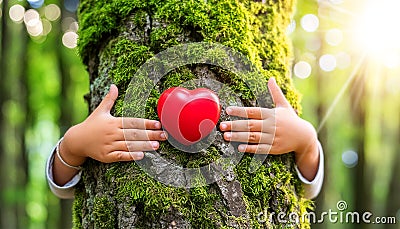 Child Hugging a Tree Trunk with a Red Heart in the Green Forest - Generative Ai Stock Photo