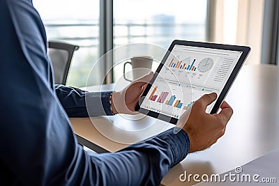 closeup Hands of Businessman using a tablet superimposed over a graph showing working Generative AI Stock Photo