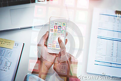 Closeup, hands and cellphone with hologram, icons and typing with website information, documents and digital software Stock Photo