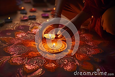 Closeup of hands creating intricate rangoli Stock Photo
