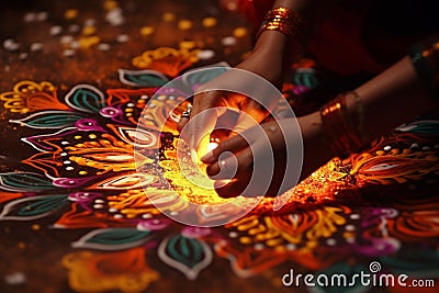 Closeup of hands creating intricate rangoli Stock Photo