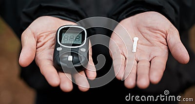Closeup, hands and equipment for diabetes check, glucose and test for blood and health analysis. Healthcare, digital and Stock Photo