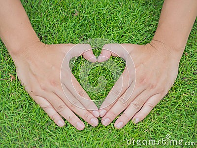 Closeup hands in the grass with the form of heart shape Stock Photo