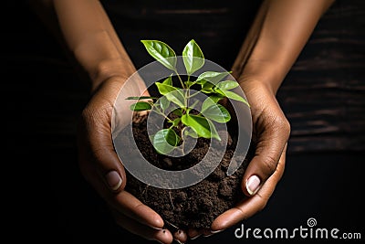 Closeup hands holding young plant, earth day and save environment concept. Generative AI Stock Photo