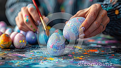 Closeup of hands painting colorful Easter eggs Stock Photo