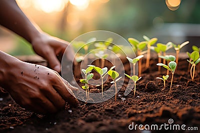 closeup hands planting green seedlings in the soil, organic farming Stock Photo