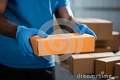 Closeup hands in rubber gloves handle cardboard boxes for fast online shopping delivery Stock Photo