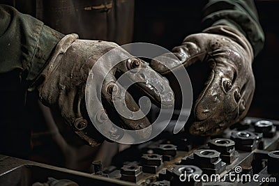 Closeup of the hands of a welder working in a factory,A closeup view of factory laborer hands in action, AI Generated Stock Photo