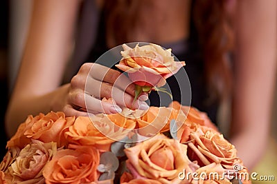 Closeup, hands and woman with flowers, entrepreneur and prepare order for a customer, nature and bouquet. Zoom, female Stock Photo