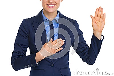 Closeup on happy business woman oath truth Stock Photo
