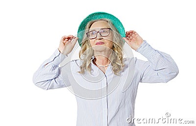 Closeup of happy stylish senior woman in business glasses and summer hat . Positive life living of elderly people. Healthy Stock Photo