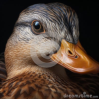 Closeup of the head of a duck featuring a vibrant yellow beak, AI-generated. Stock Photo