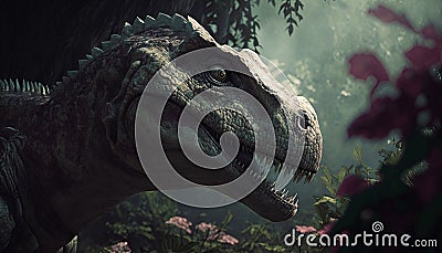 Closeup on head with sharp teeth of carnivorous dinosaur. Prehistoric predator. Generative AI Stock Photo