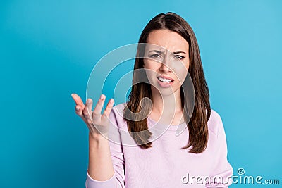 Closeup headshot photo of pretty dissatisfied young lady hand direct you sullen look discount declined demand Stock Photo