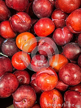 Closeup of a heap of colorful red and shiny prunes Stock Photo