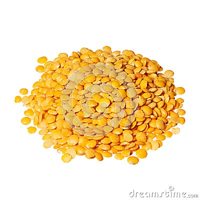 Closeup of heap of yellow chana split peas isolated against white Stock Photo