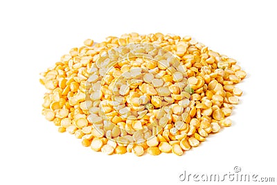 Closeup of heap of yellow chana split peas isolated on white background. Front views, close-up Stock Photo