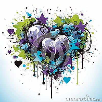 Closeup heart lot paint splatters purple blue graffiti emote ill Cartoon Illustration