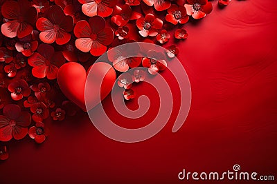 Closeup Heart Surrounded by Flowers on a Red Background with Clo Stock Photo