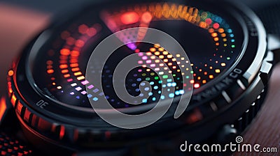 A closeup of a hightech watch with a sleek black s and a digital face displaying constantly changing patterns and colors Stock Photo