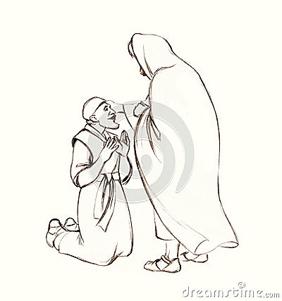 Jesus heals the sick. Pencil drawing Stock Photo