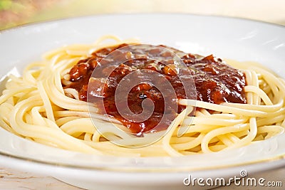 Closeup spaghtti red sauce in white plate. Italian food. Stock Photo