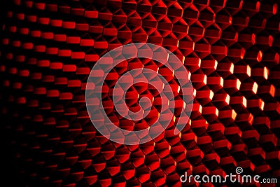 Closeup honeycomb grid texture with red light. Red and dark metal hexagon shaped pattern abstract background. Light modifier Stock Photo