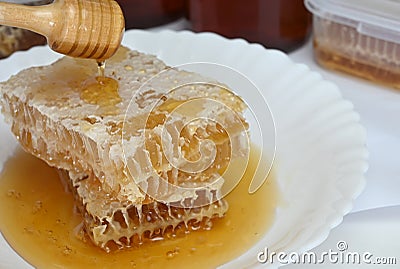 Closeup Honeycomb and honey dripping on white plate Stock Photo