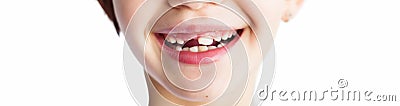 Closeup horizontal portrait of smiling child with changing milk teeth. Childhood, child, dental concept. Healthy changing teeth on Stock Photo