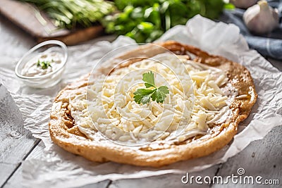 Closeup of a hungarian baked langos served with loevly cream, cheese, garlic and fresh green onion Stock Photo