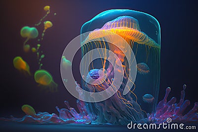 Illuminated orange and blue medusa jellyfish Stock Photo