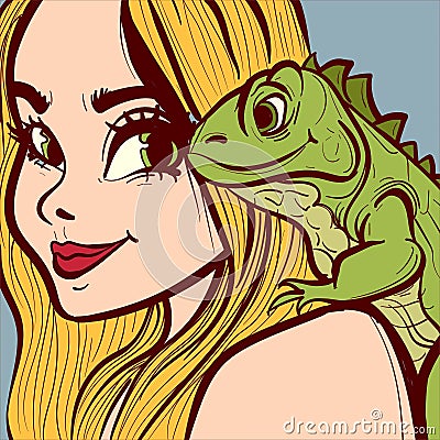 Closeup illustration of a blonde woman holding an iguana on her shoulder. Conceptual art about friendship and love Vector Illustration