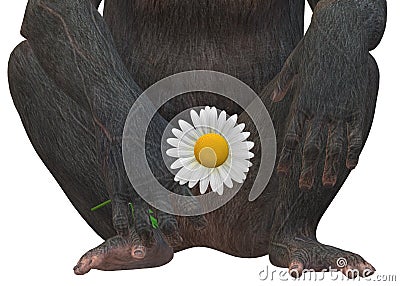A closeup illustration on the lower torso of a primate monkey holding a daisy flower in its hand Cartoon Illustration