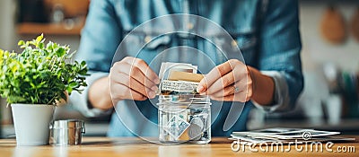 Creating a Time Capsule: Nostalgic AI Closeup Image of Hands Placing Memories in Clear Container with Copy Space for Edi Stock Photo