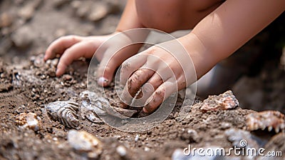 A closeup image of a childs hands carefully removing dirt from a delicate fossil highlighting the precision and Stock Photo