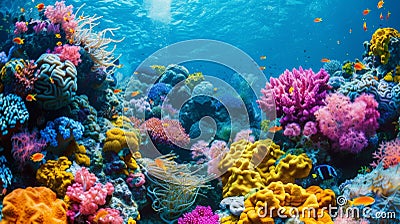A closeup image of a coral reef showcasing its vibrant colors and diverse marine life. The caption explains that the Stock Photo