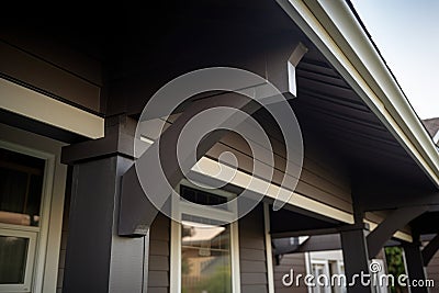 closeup image of dark overhanging eaves on a beige craftsman house Stock Photo