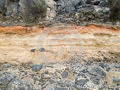 Closeup image of defferent layers of ground and stone on the mountain slope Stock Photo