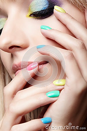 Closeup image of human female eye with violet shadows, blue and Stock Photo