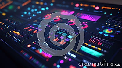 A closeup image of integrated smart metrics panels displaying efficiency rates and production outputs in vibrant colors Stock Photo
