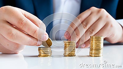 Closeup image of male banker putting golden coins in high stacks on office desk Stock Photo
