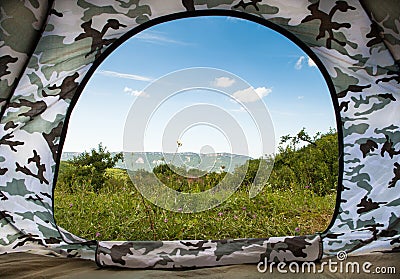 Closeup image open door in tourist tent Stock Photo