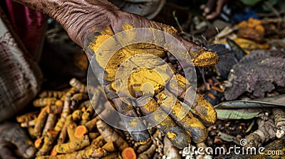 Closeup of an indigenous mans hand stained yellow from crushing numerous turmeric roots. Around him are piles of various Stock Photo