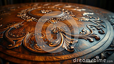 Closeup of the intricate carvings and etchings on the surface of an aged coffee table depicting the skilled Stock Photo