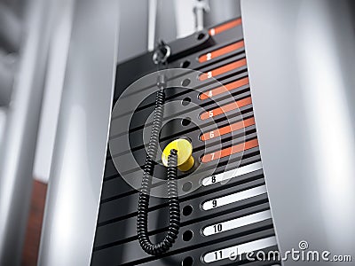 Closeup of Iron heavy plates stacked of gym apparatus in fitness gym. Weight machine plates Stock Photo