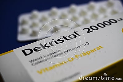 Closeup of isolated box with vitamin d supplement pills dekristol Editorial Stock Photo
