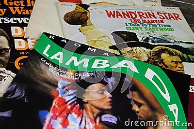 Closeup of isolated Kaoma Lambada single vinyl record cover from 1989 Editorial Stock Photo