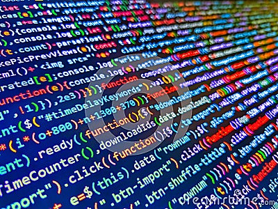 Closeup of Java Script and HTML code. M. Abstract source code background. HTML5 in editor for website deve. Information technology Stock Photo